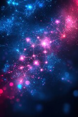 Poster - Abstract glowing network of bright particle lines on dark space background