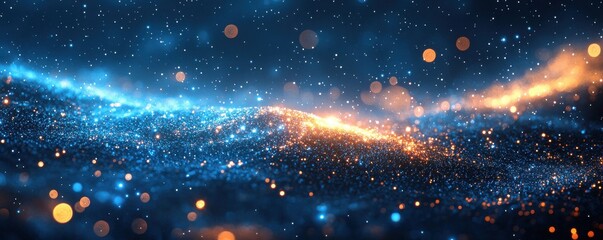 Poster - Abstract luminous blue and orange particles forming a cosmic pattern