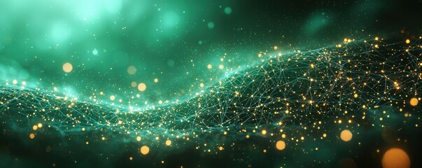 Poster - Abstract green glowing digital landscape with particles and depth