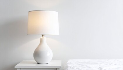 Aufkleber - Elegant White Bedside Lamp Mockup With Soft Glowing Light And Minimal Shadow Against A Clean White Background