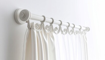 Aufkleber - Elegant White Curtain Rod with Swirl Finial and Bracket Against a Plain Wall
