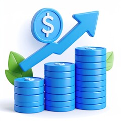 Poster - Financial Growth Icon With Blue Arrow Coin Stack And Green Leaves On Clear Background
