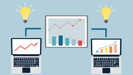Fototapete - Diagram showing laptops with upward trending graphs connected to a central chart and lightbulbs