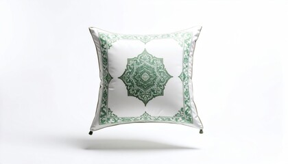 Poster - Floating Soft White Pillow Mockup With Green Islamic Pattern Isolated on White Background