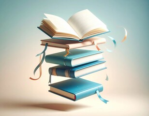 Poster - Floating Stack Of Blue Notebooks With Open Book And Bookmark Ribbons On Soft Gradient Background