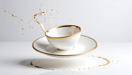 Poster - Floating Teacup And Saucer With Gold Rim Detail Against White Background