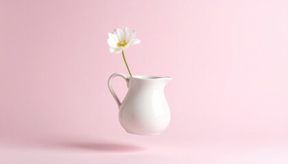 Poster - Floating White Ceramic Jug with Single White Flower Stem on Soft Pink Background