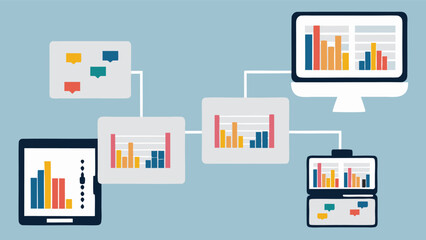 Aufkleber - Data visualization across multiple devices showing bar graphs and sticky notes displayed online