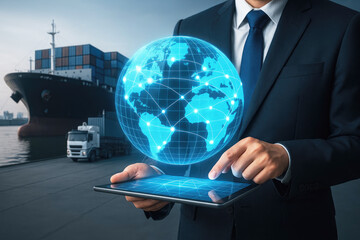 Poster - Businessman interacting with global logistics network suit tablet