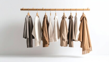 Poster - Floating Wooden Coat Rack Mockup with Various Fabric Textures in Neutral Tones on White Background