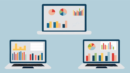 Poster - Three laptops displaying charts and graphs on their screens in a light blue background