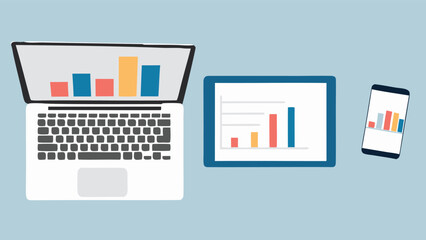 Aufkleber - Laptop tablet and smartphone displaying colorful bar graphs on a light blue background flat lay style