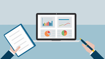 Aufkleber - Illustration of a laptop displaying data charts with a notepad and pen in the hands around it