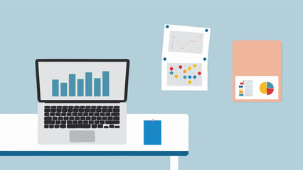 Aufkleber - Laptop displaying a bar graph with charts and a note on a desk in a light blue office space