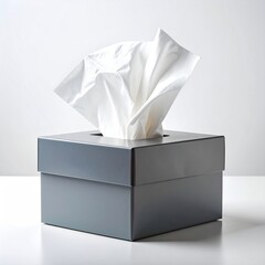 Poster - Gray Tissue Box With A Partially Extracted White Tissue On Bright Background