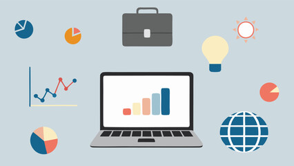Aufkleber - Laptop displaying bar graph with business icons and charts floating around on a light blue background