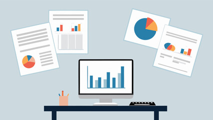 Aufkleber - Illustration of a desk with computer displaying a bar graph and papers with charts around it