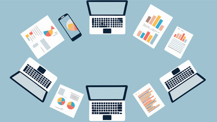 Aufkleber - Overhead view of laptops, reports, and a phone arranged in a circle on a light blue background