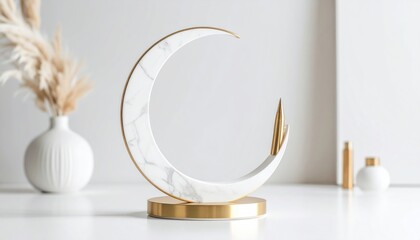 Poster - Minimalist Crescent Moon Pen Holder Mockup on White Surface with Gold Accents Soft Lighting