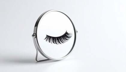 Poster - Minimalist Round Hand Mirror Reflecting Single Black Eyelash Against White Backdrop