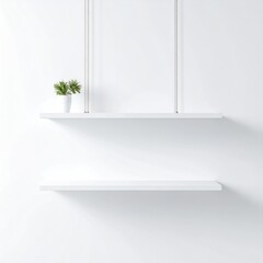 Aufkleber - Minimalist White Wall Mounted Shelf Mockup with Two Floating Decor Items and Potted Plant Against White Background