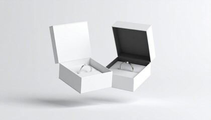 Aufkleber - Opened White Packaging Mockup Levitating With Ring Against White Background Studio Lighting