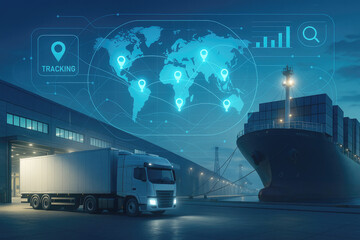 Poster - Global logistics network with truck and cargo ship shipping transportation