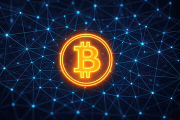 Poster - Glowing Bitcoin Symbol Connected Digital Network cryptocurrency technology