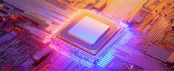 the colorful microchip on a modern circuit board with intricate details.