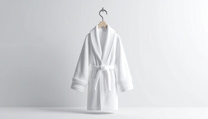 Poster - White Terrycloth Bathrobe Hanging On Hook Against Bright Background Isolated Product Display