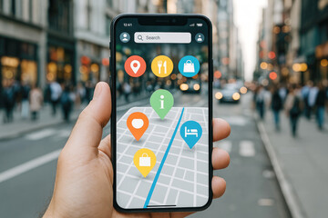 Poster - Hand holding smartphone displaying augmented reality map with location pins mobile app