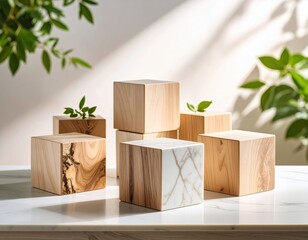 Poster - Wooden Cubes with Natural Textures on Marble Surface Display Product Placement with Leaves