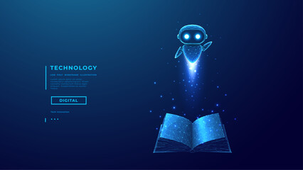 Abstract Futuristic AI Robot or Education Agent Flies Over Opened Digital Book. Knowledge or Online Education Concept. Hologram of Artificial Intelligence Agent Character on Technology Blue Background