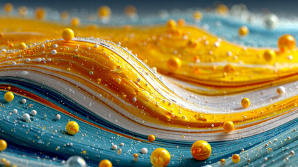 Poster - Vibrant yellow, red, and white creamy waves flow together, accented by suspended golden and white pearl-like droplets in a smooth, glossy texture