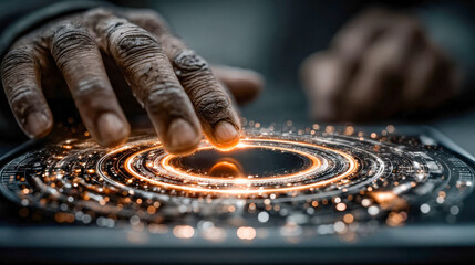 Poster - A weathered hand touching a glowing, circular holographic interface, symbolizing human connection with advanced technology and innovation