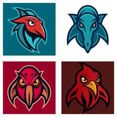 Poster - Four stylized bird logos in varied colors with unique designs and distinct backgrounds in a grid layout