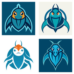 Poster - Compilation of four stylized teal and orange insect like creature logos on square backgrounds
