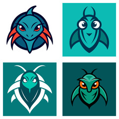 Poster - Collection of four cartoonish creature logos featuring stylized insects and a water creature design