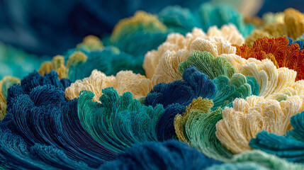 Fototapete - Abstract colorful wave of curved strands in teal, white, orange, and blue, resembling flowing paint or fiber in a vibrant digital composition