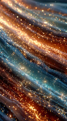 Fototapete - Vibrant light trails in blue and orange tones create a dynamic, flowing abstract pattern filled with glowing particles and shimmer