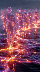 Fototapete - Digital humanoid figures made of glowing, multicolored light strands walk through shallow water in a surreal, sci-fi setting at dusk