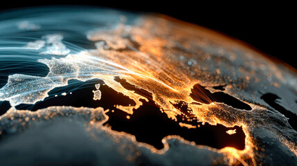 Poster - Glowing digital map of Europe, intricately detailed with illuminated network lines and highlighted coastlines, representing global connectivity and modern data visualization
