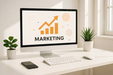 Poster - Modern office desk with computer displaying marketing graph and plants monitor keyboard