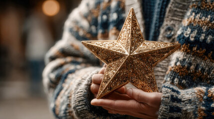 Poster - A person in a cozy sweater holds a glittering golden star-shaped trophy, symbolizing recognition or celebration in a warm, festive setting