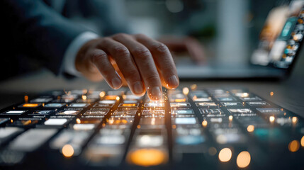 Poster - A close-up of a businessman hand interacting with glowing digital data icons on a futuristic touchscreen interface with dynamic golden sparks