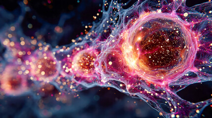 Poster - Microscopic abstract view of glowing neural or cell-like structures with vibrant pink and orange energy
