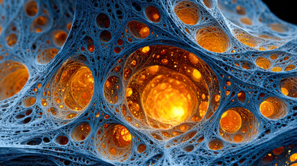 Poster - Intricate 3D rendering of a glowing cellular structure with complex blue mesh and fiery orange core