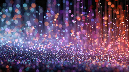 Fototapete - Vibrant fiber optic lights cascading in vertical strands with glowing bokeh in purple, blue, and orange