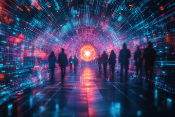 Poster - Silhouettes of men and women walking through glowing abstract digital tunnel. Internet big data network pathway. Connection to cyberpunk future world concept.