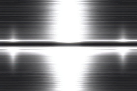 Brushed metal background with horizontal lines and bright reflections. Modern industrial surface texture. Abstract metallic backdrop for design.